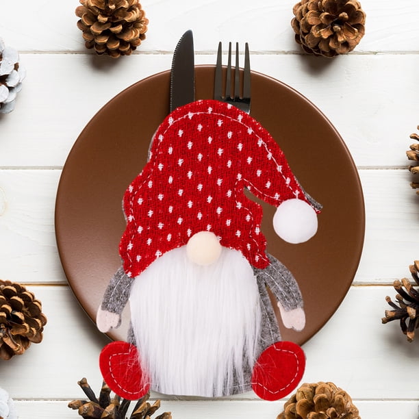 Adorno navideño para cubiertos de gnomo de Papá Noel (sombrero de puntos)