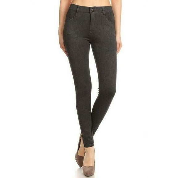 Yelete Lady's Mid Rise Ponte Knit Skinny Pants Heather Charcoal - Women's Size Medium