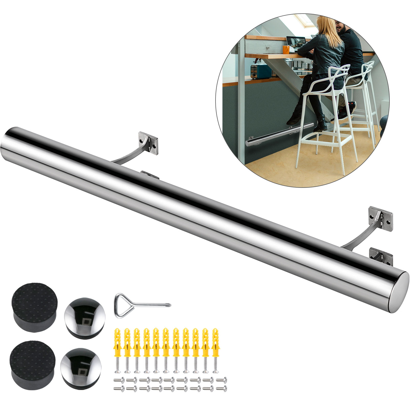 - Combination Foot Rail Brackets 2 in OD, 4 ft Length Flat End Caps - Brushed Stainless Steel Tubing Custom-Made Item Top Hardware Bar Foot Rail Kit 