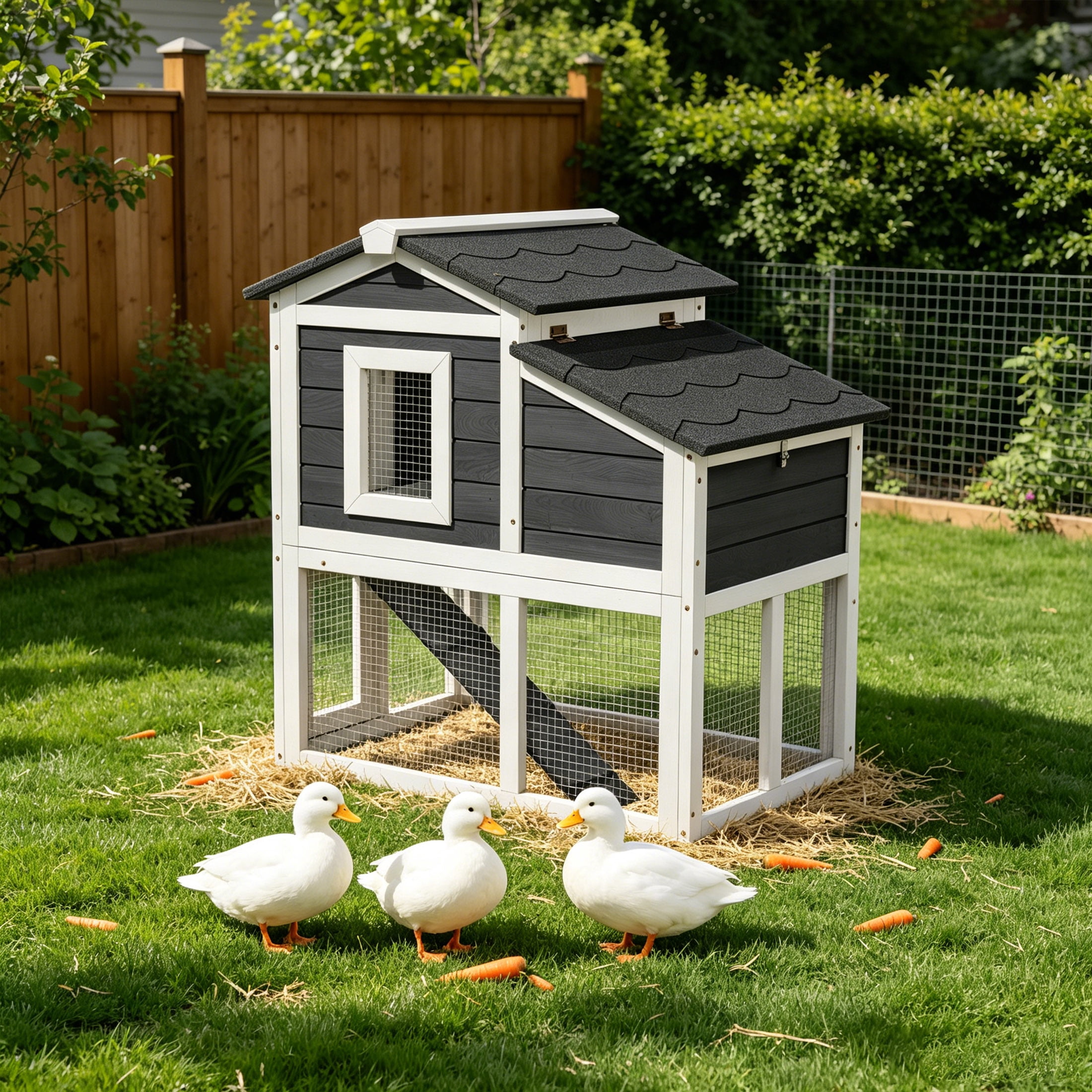 Outdoor 2-Tier Weatherproof Duck Coop, Wooden Duck Hutch with Open Roof, Suitable for 2-3 Ducks, Black & White
