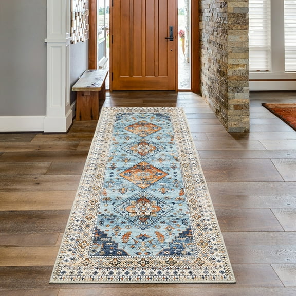 FairOnly Oriental Washable Runner Rug 2' x 6' Hallway Runner Rug Low Pile Non-Slip Vintage Distressed Entryway Area Rug, Blue