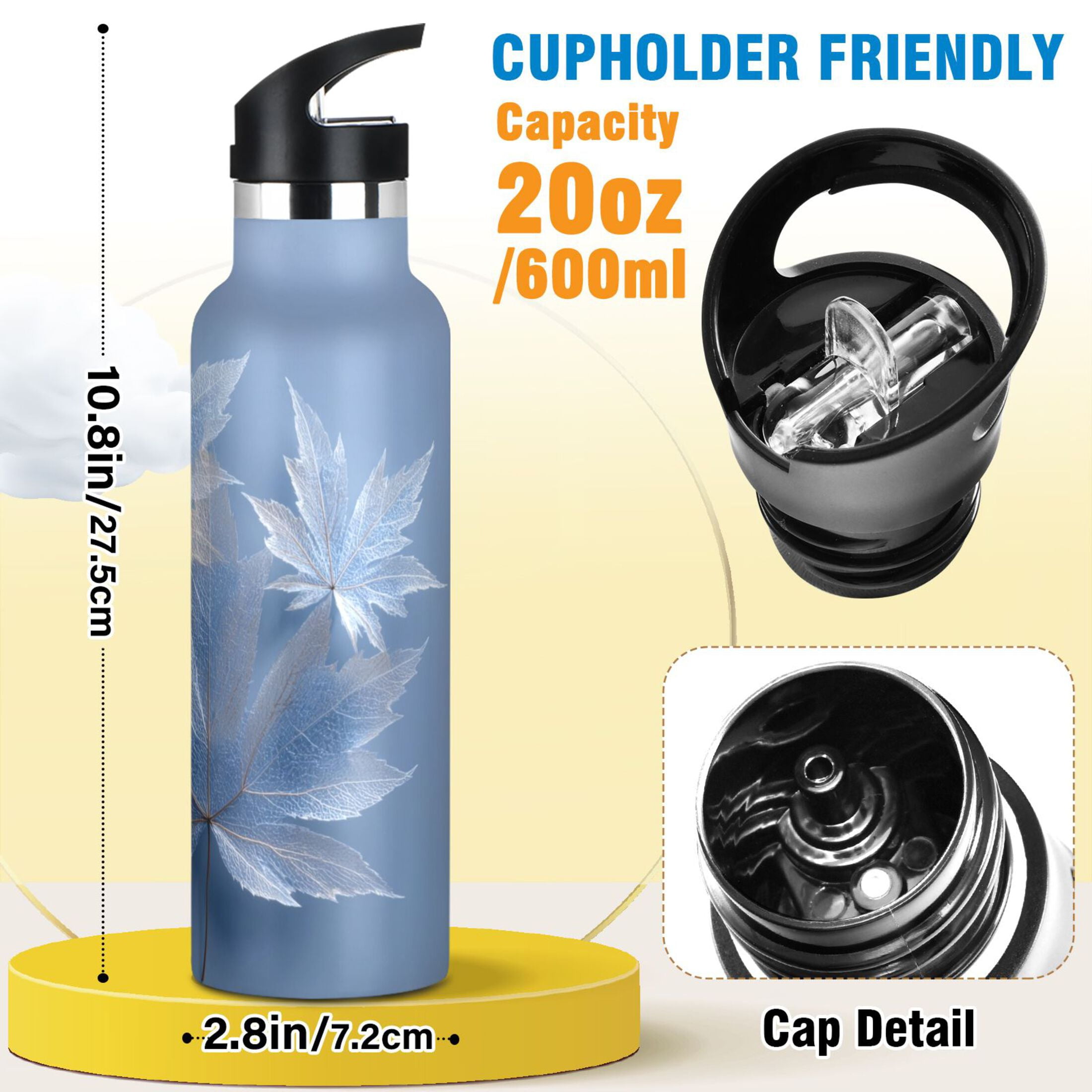 Kids Insulated Stainless Steel Sports Water Bottle 600ml (20oz) Glass Mapleleaves