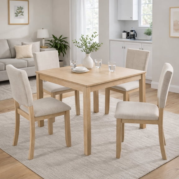 GOMYHOME 5-Piece Solid Wood Dining Set, Square Kitchen Table & 4 Beige Fabric Chairs, Natural Oak