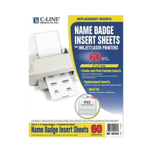 C-Line Replacement Name Badge Insert Sheets for Laser/Inkjet Printers White, 6/Sheet, 4 x 3, 60/PK, 92443