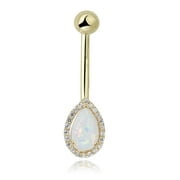 AVORA 10K Yellow Gold Pear-shaped Simulated Opal with Simulated Diamond CZ Halo Belly Button Ring Body Jewelry (14 Gauge)  - Size 0