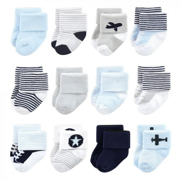 Luvable Friends Baby Boy Newborn and Baby Terry Socks, Airplane 12-Pack, 0-6 Months