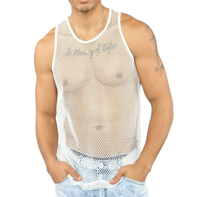 Mesh Tanks Top Fishnet See-Through Muscle Shirts Sleeveless Nightclub Sheer Top