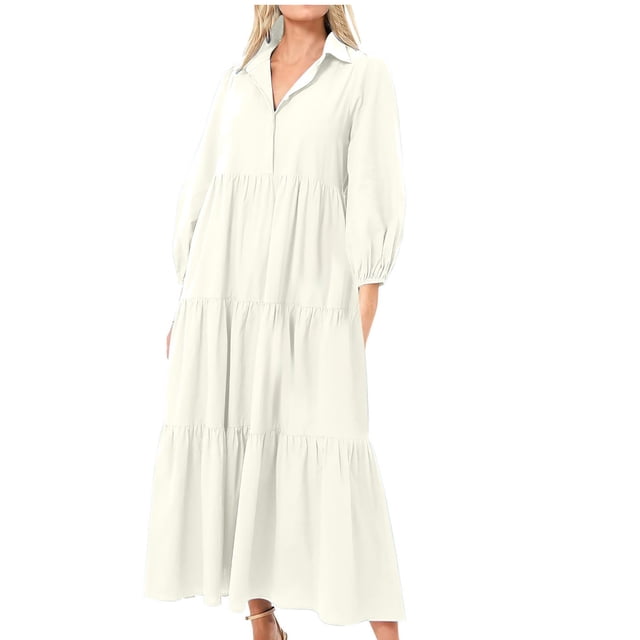 cfhntfmh Robes Fluides pour Femmes Mode Col à Boutons Manches Longues Longue Robe Maxi Automne Ample à Étages Plissée Robe de Plage