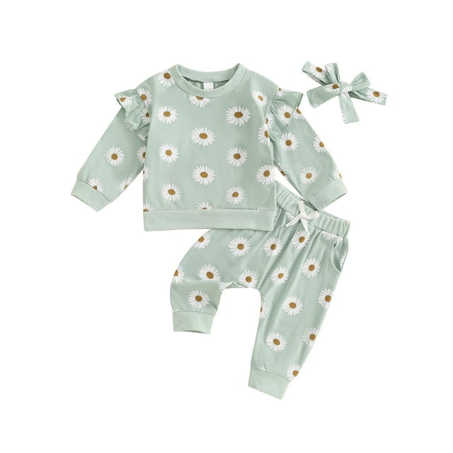 xiaxaixu Tenues d'Automne pour Fille Tout-Petit Imprimé Marguerite Col Rond Chandails en Molleton à Manches Longues Pantalons Longs Bandeau Ensemble de Vêtements 3 Pcs
