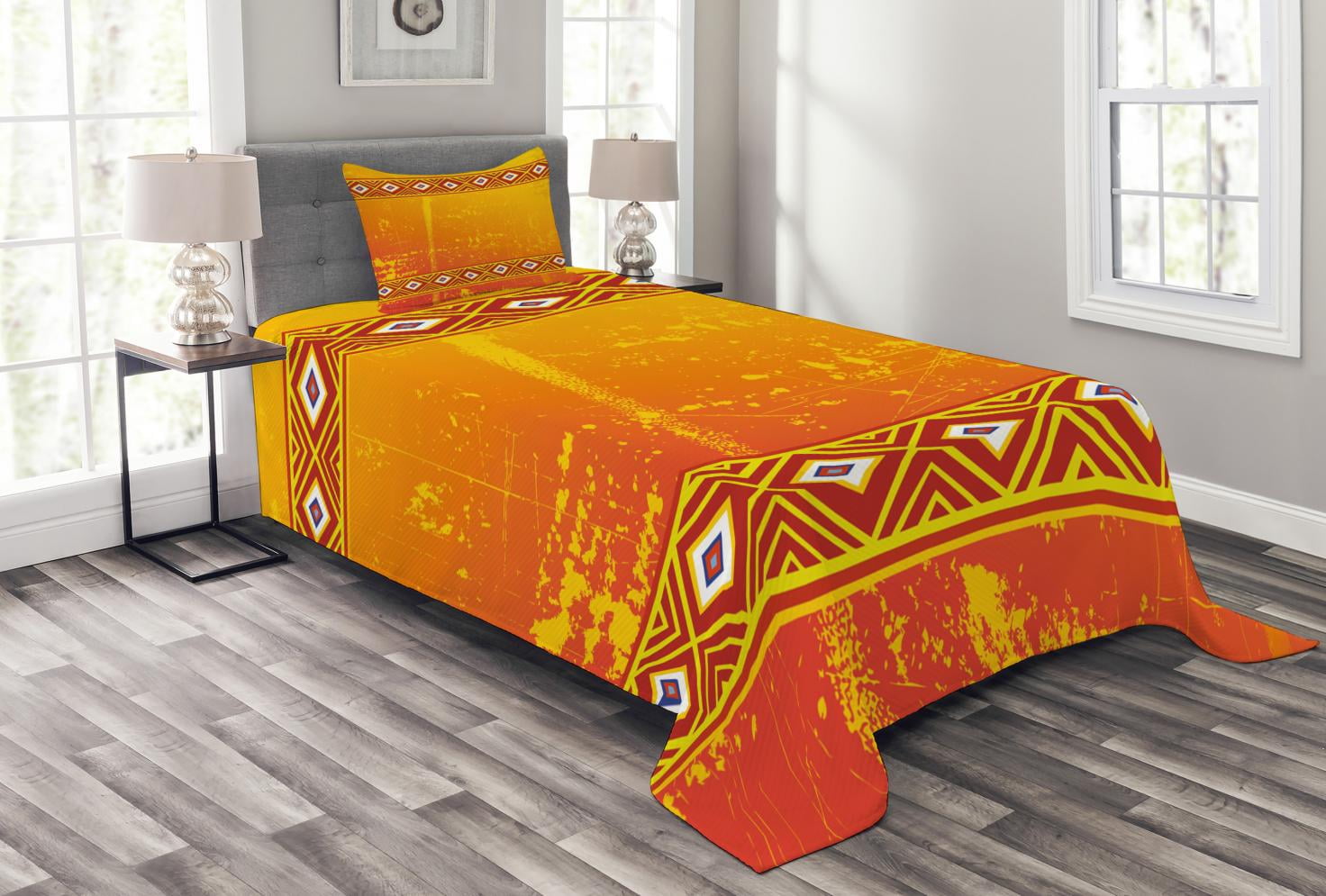African Bedspread Set, Tribal Theme Ethnic African Grunge Ornaments with Geometric Pattern Print