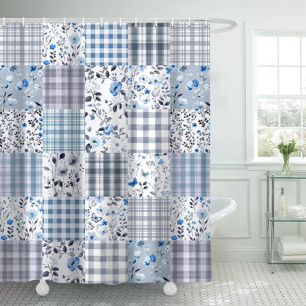 Cute Plaid Floral Shower Curtain, Boho Sage Green Flower Fabric Shower Curtains for Bathroom, Retro Pink Flower Checkered Patchwork Bath Curtain Set Washable Waterproof with 12Hooks 72X72IN