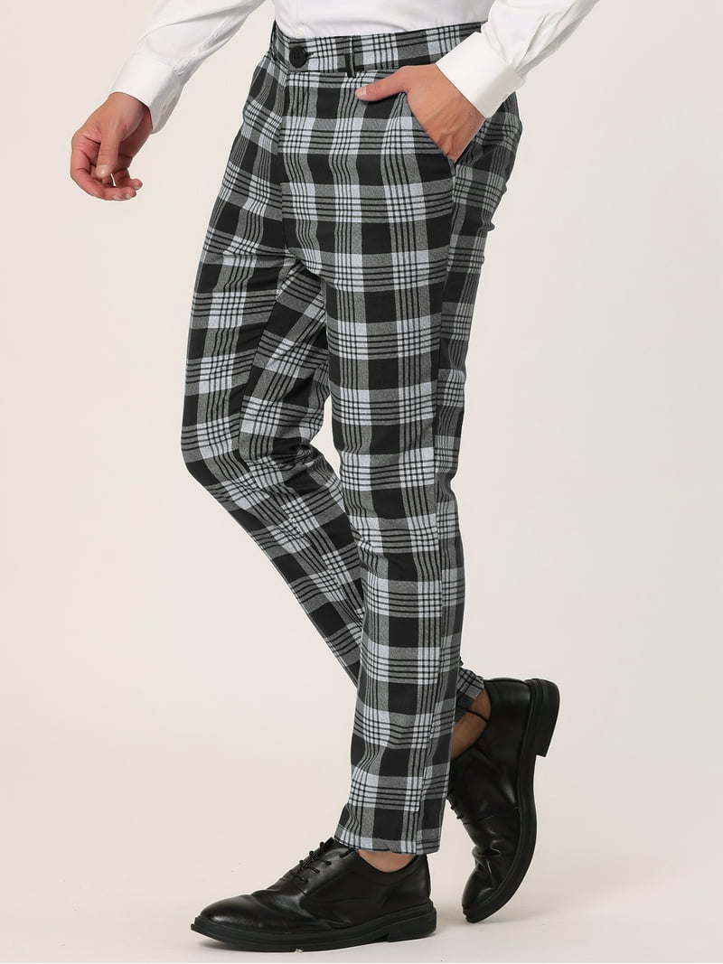 Unique Bargains Men's Plaid Dress Pants Casual Slim Fit Checkered Business  Trousers 32 Black