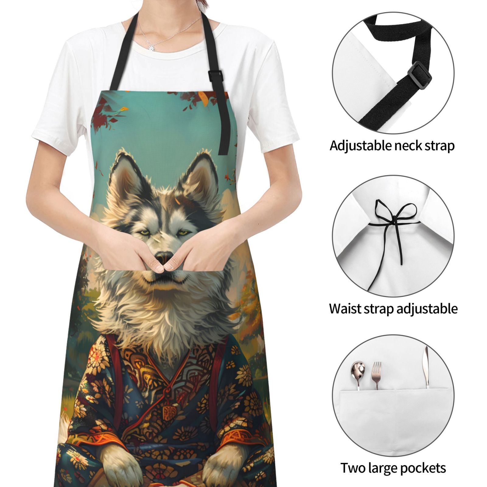 Kdxio Forest Maple Leaf Husky Apron with Pockets Adjustable Kitchen Aprons for Men Women Waterproof Aprons for Cooking,Drawing,Crafting, Baking Household Cleaning