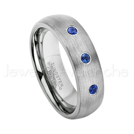 - 6mm Brushed Dome Tungsten Ring - 0.21ctw Blue Sapphire 3-stone Band - Personalized Tungsten Wedding Ring - Custom Made September Birthstone Ring TN060BS