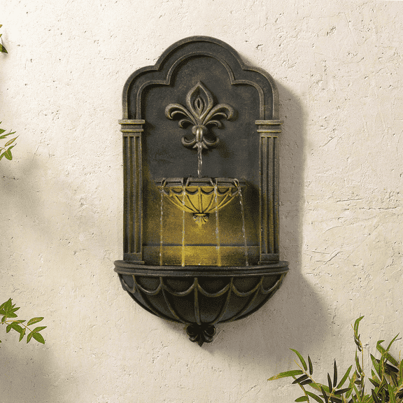 Teamson Home Fleur-de-lis Outdoor Water Fountain–Warm Glow Lighting with Adjustable Flow & Electric Pump, Black & Gold