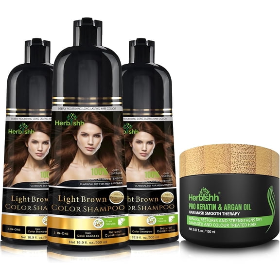 Herbishh Ultimate Hair Color Shampoo Kit (3pcs Hair Color Shampoo Dye  1 Argan Hair Mask) Smooth and Long Lasting Color Shampoo for Grey Hair Men & Women Easy & Quick to Use-Combo4 (Light Brown)