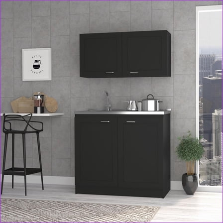 Kitchen Cabinet Set, Shaker Style with Sink & Faucet | Particle Board | Black