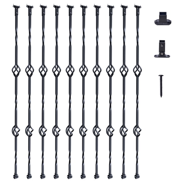 KFFKFF Metallic Stair Balusters, 44'' x 1/2'' Zinc-Coated Steel Aesthetic Railing Spindles, Set of 10 Deck Baluster Featuring Hollow Dual Baskets, Helical Stair Handrail Including Shoes & Bolts