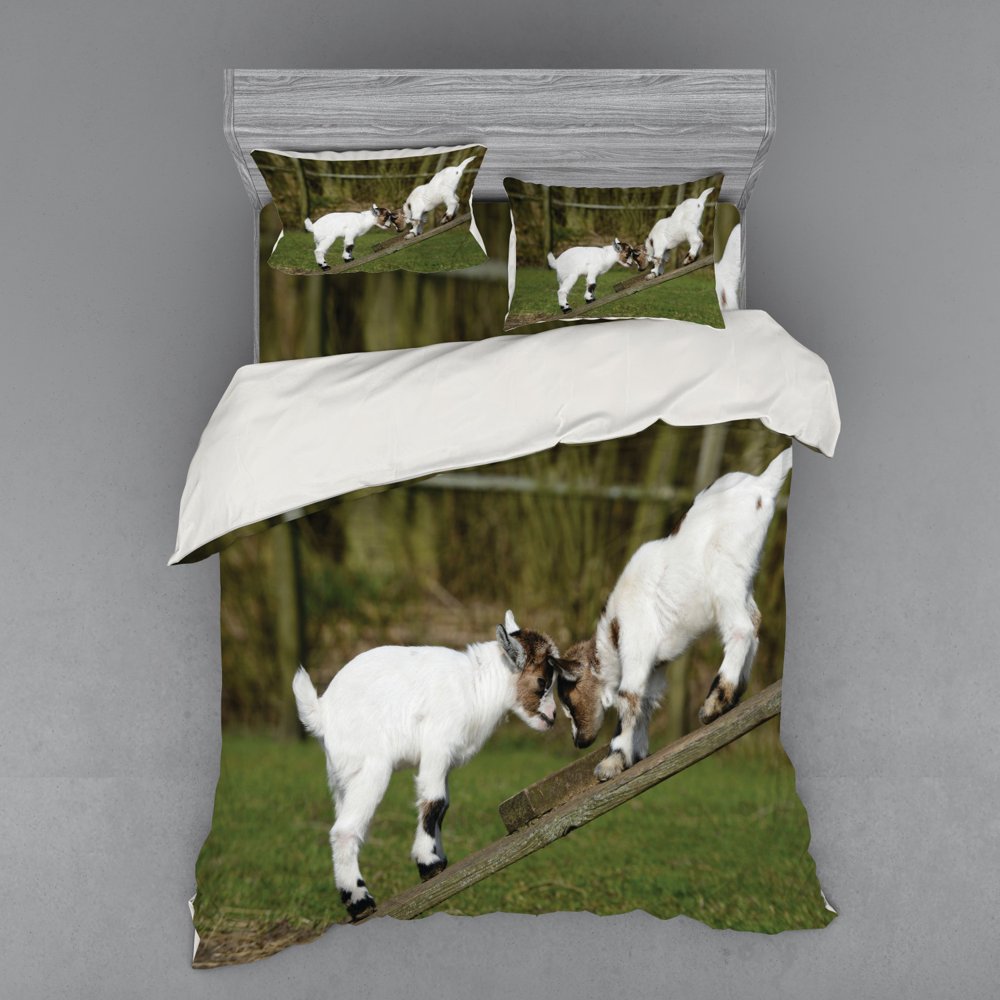 Animal Duvet Cover Set, Little Baby Goats on a Bench Their Horns