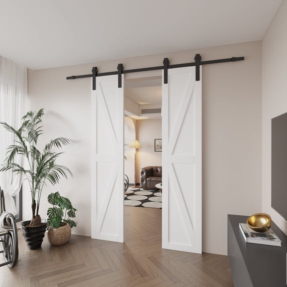 36'' x 84'' Double Barn Doors and Hardware Included, White Wood Texture Panels & Barn Door Hardware Kit, Easy Assembly with Pre-Drilled Holes, K Frame