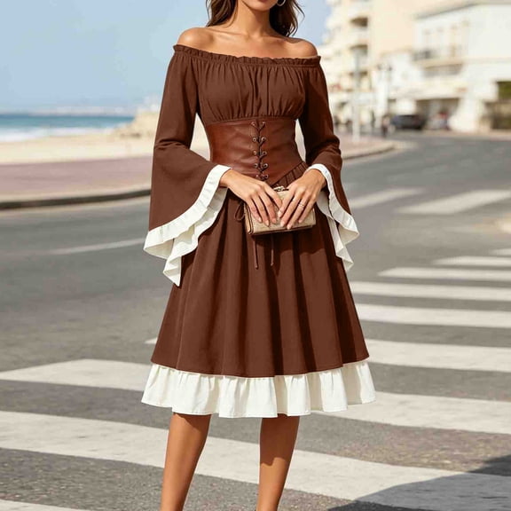 Women's Renaissance Peasant Dress Off Shoulder Ruffle Long Sleeve A-Line Midi Dress with Lace-up Corset Belt Medieval Vintage Halloween Costume Fair Festival Outfit