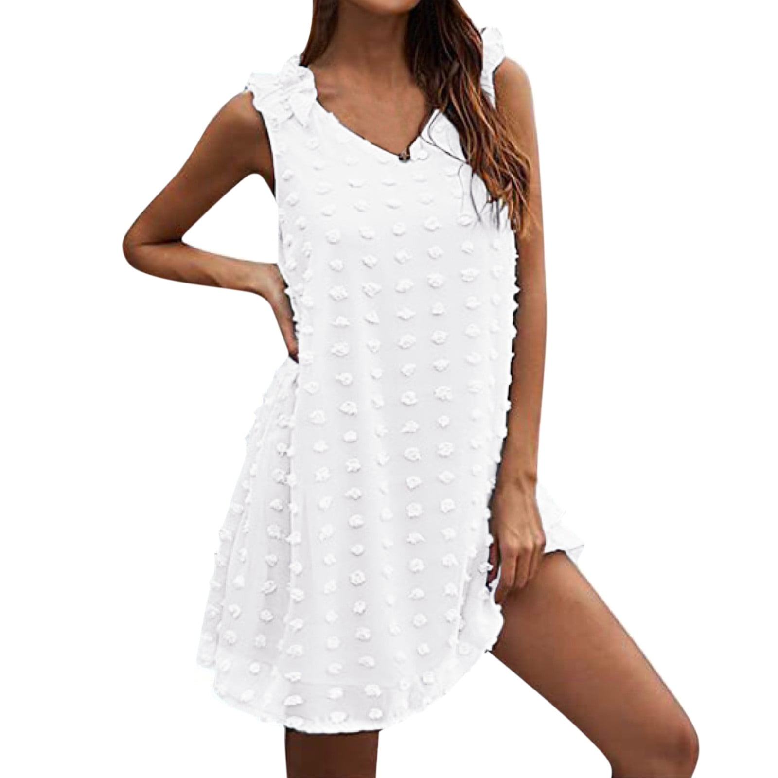 Womens Dress Girls Knee Length Dresses Women s Sleeveless Dress Polka Dot Poms V Neck Ruffle Jacquard Polka Dot Casual Flowy Adult Female Clothes