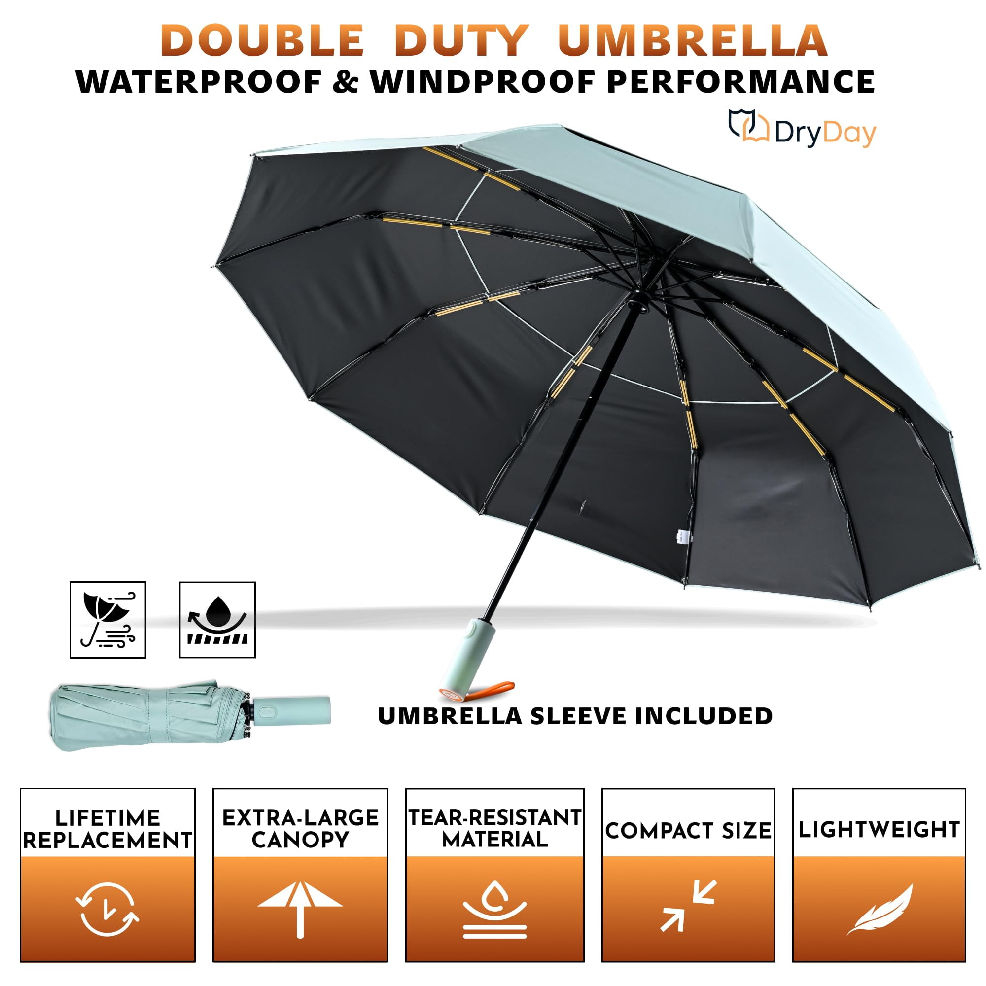 DryDay 43" Travel Umbrellas for Rain - Large Windproof Double Canopy Umbrella, 10 Durable Ribs, Strong Frame, Auto Open Close Ergonomic Handle, Compact Waterproof Umbrella for Women & Men, Pale Green