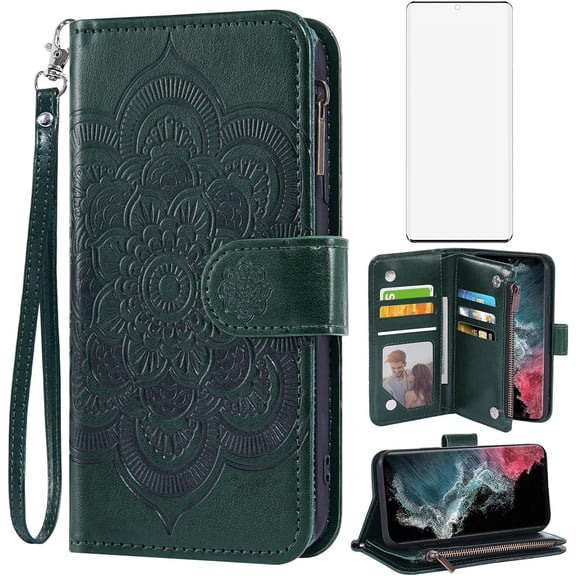 Phone Case for Samsung Galaxy S22 Ultra 5G Wallet Cover with Tempered Glass Screen Protector and Flip Credit Card Holder Cell Accessories S22ultra 22S S 22 S22ultra5g 6.8 Women Men Dark Green