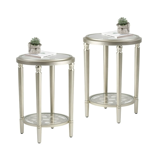 COSIEST 2PCS Modern 2Tier Glass Champagne Round Distressd End Table