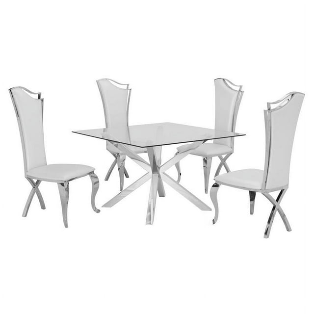 Ensemble de Salle à Manger 5pc en Verre Clair de 47 "x 47" en Acier Inoxydable Argenté