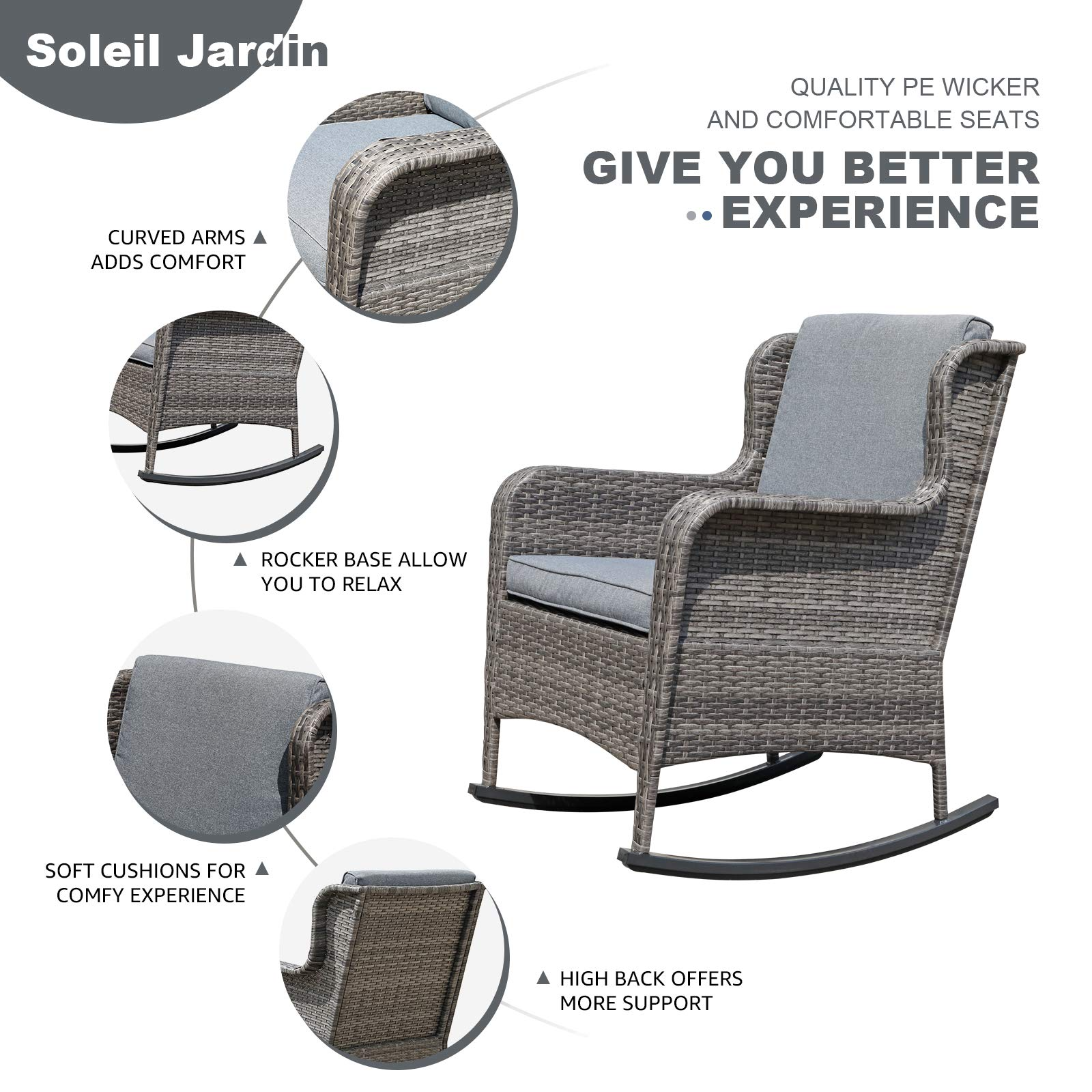 Soleil Jardin Wicker High Back & Slat Back Rocking Chair, Gray - image 4 of 7