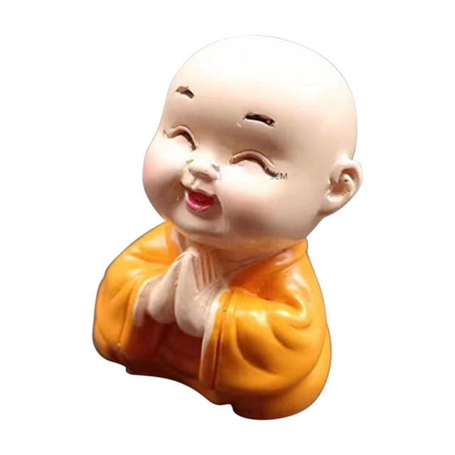 Mini Flower Pot with Resin Laughing Monk and Artificial Basimu Plant for Desk or Office Decor