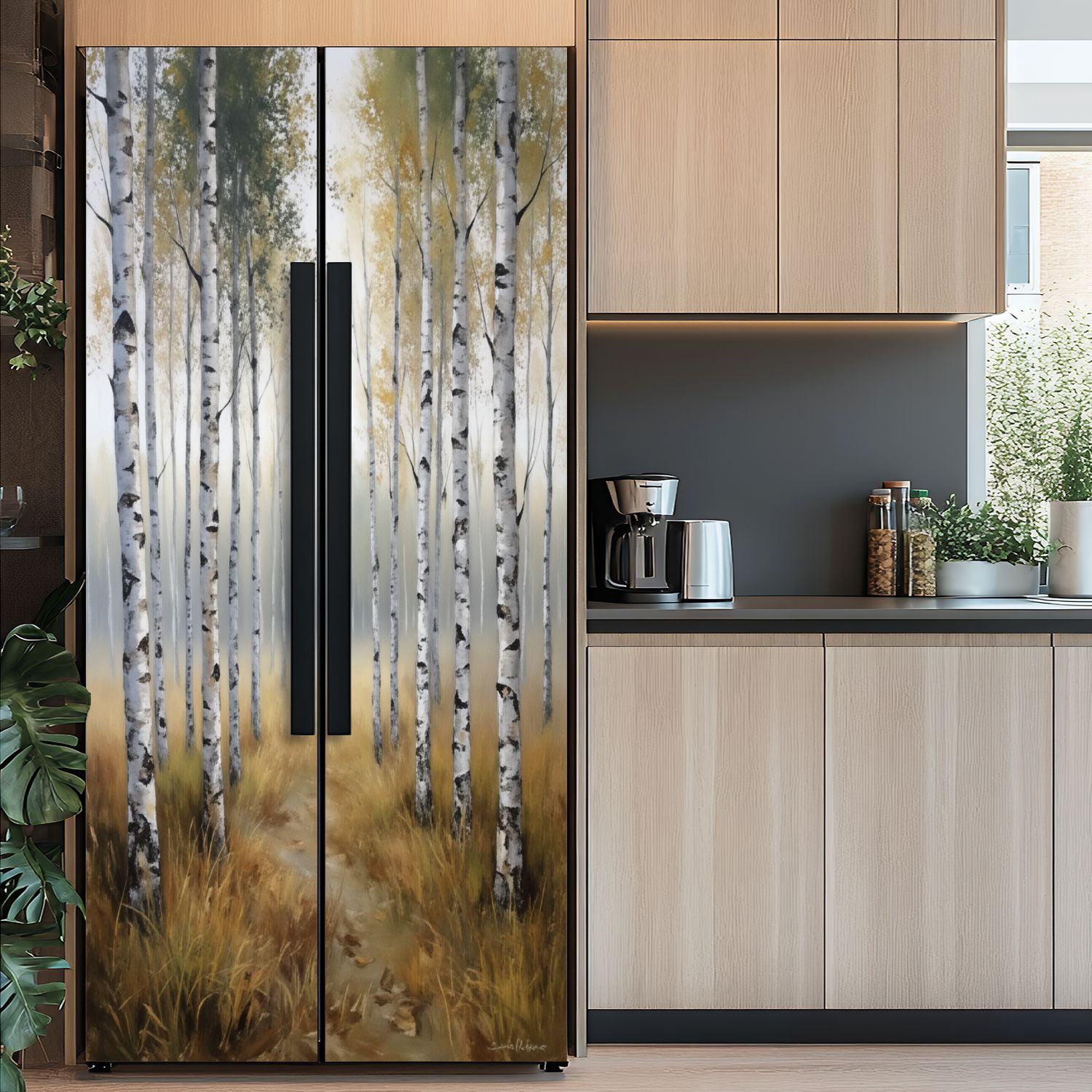 Self Adhesive Vinyl Refrigerator Wrap Set Early Morning Mist Leaf Dotted Grass Landscape Door Mural Removable Fridge Sticker Peel and Stick&nbsp;Full Door Cover Decal Kitchen Bar Decor