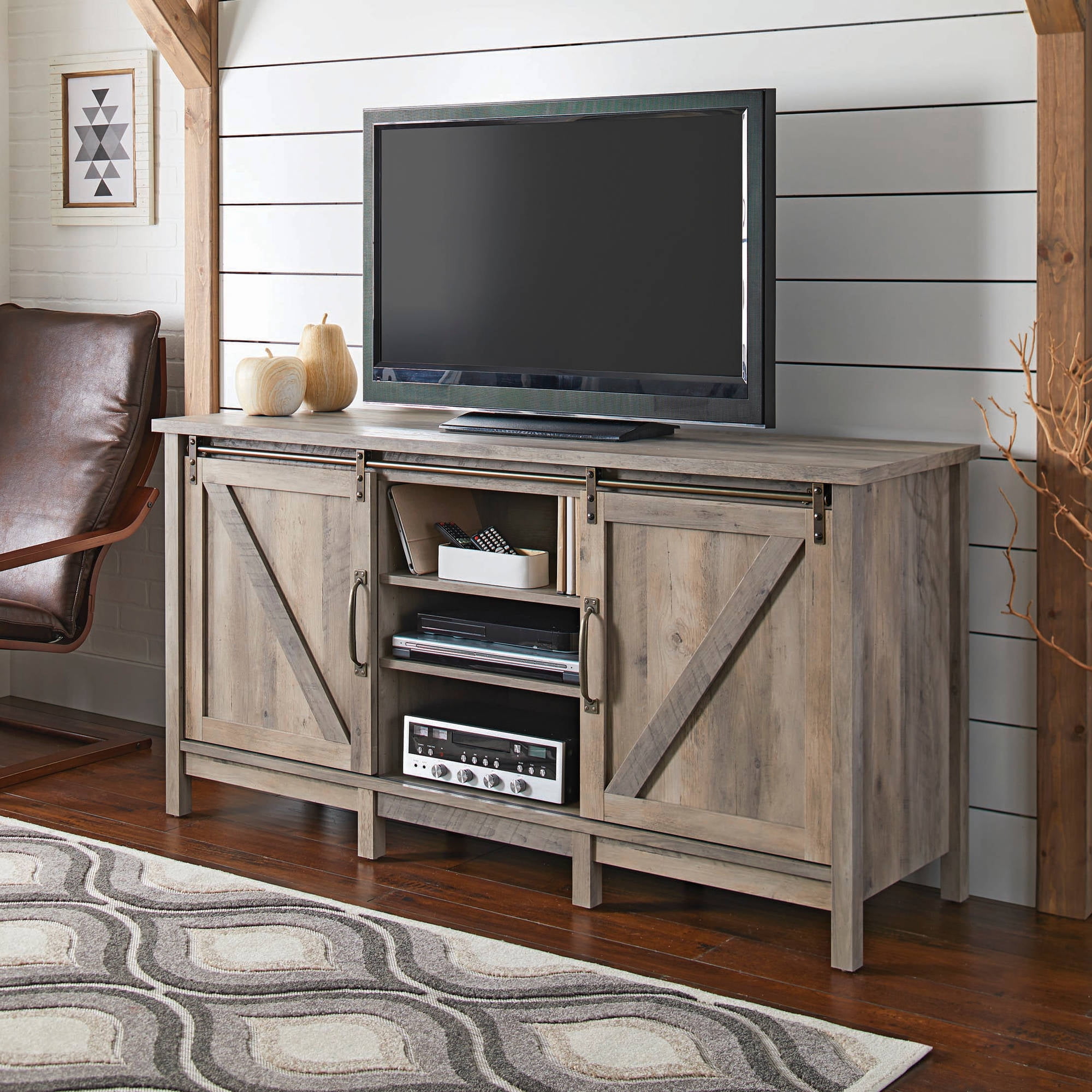 legends farmhouse tv console with fireplace