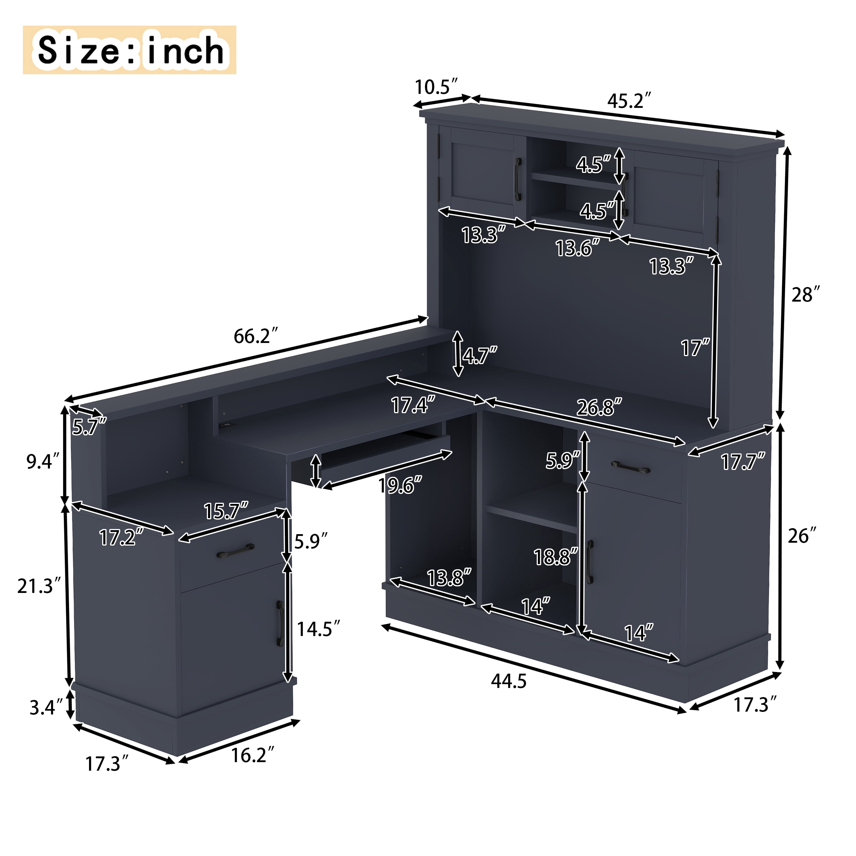 Newest Modern L-Shaped Desk with Built-in Outlet & Storage, 4-Cabinet 2-Drawer Computer Desk for Home Office, Blue