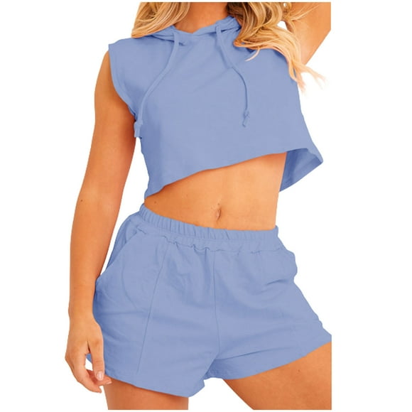 Workout 2 Piece Outfits for Women Casual Sleeveless Hooded Crop Tops and Sweat Shorts Sets Tracksuits with Pockets