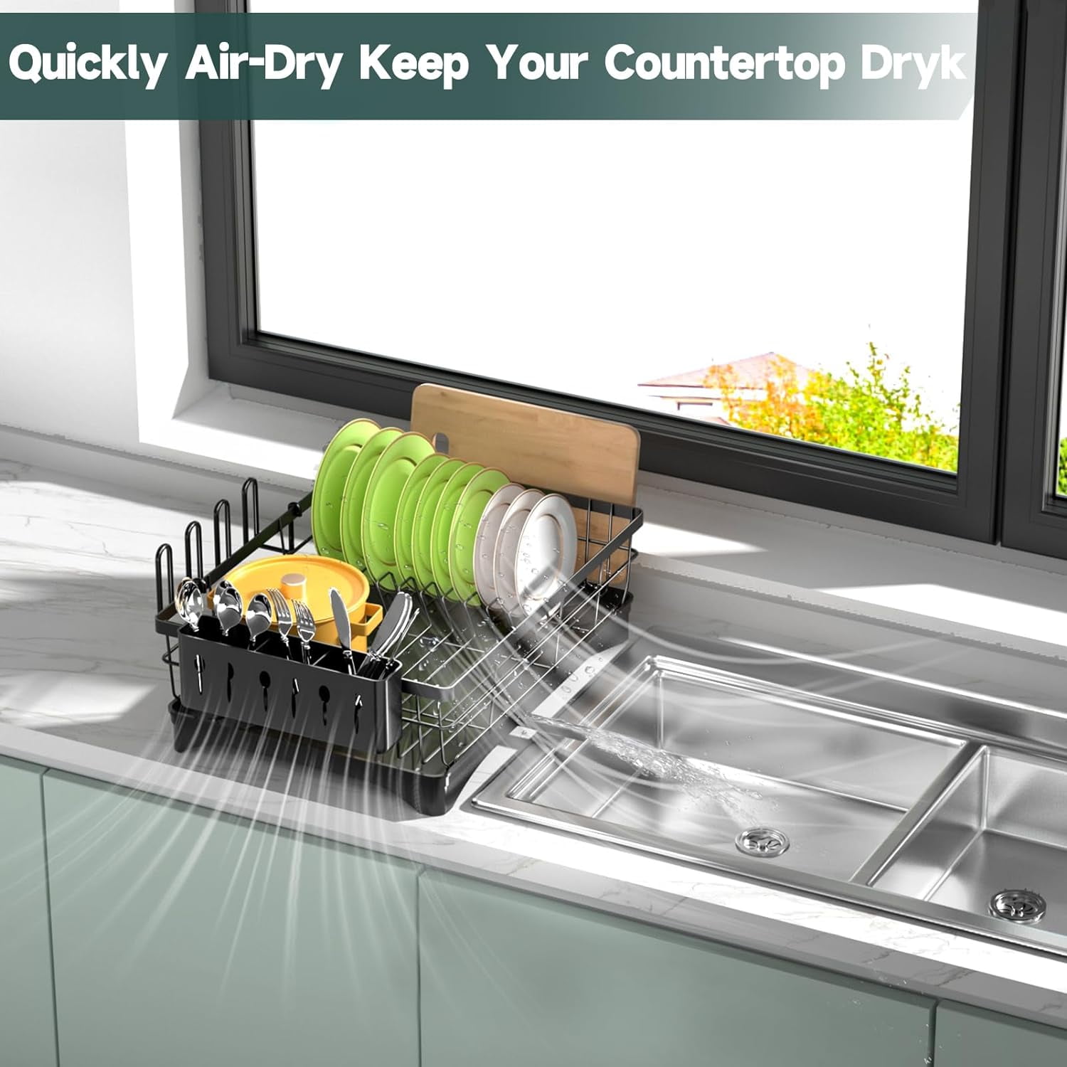 Dish Drying Rack, AOKIWO Kitchen Counter Stainless Steel Large 1 Tier Dish Drainer with Drainboard Over Sink for Cups, Knives, Spoons, and Forks (L16.9"*W12.5")