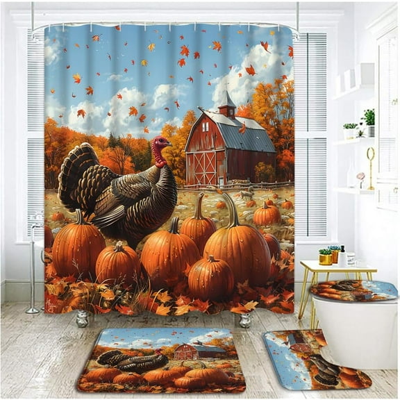 4 Piece Fall Thanksgiving Day Shower Curtain Set with Rugs, Toilet Lid Cover ,Rustic Farmhouse Turkey Pumpkins Maple Tree Forest Animal Poultry Rooster Autumn Bathroom Shower Curtain with Hooks