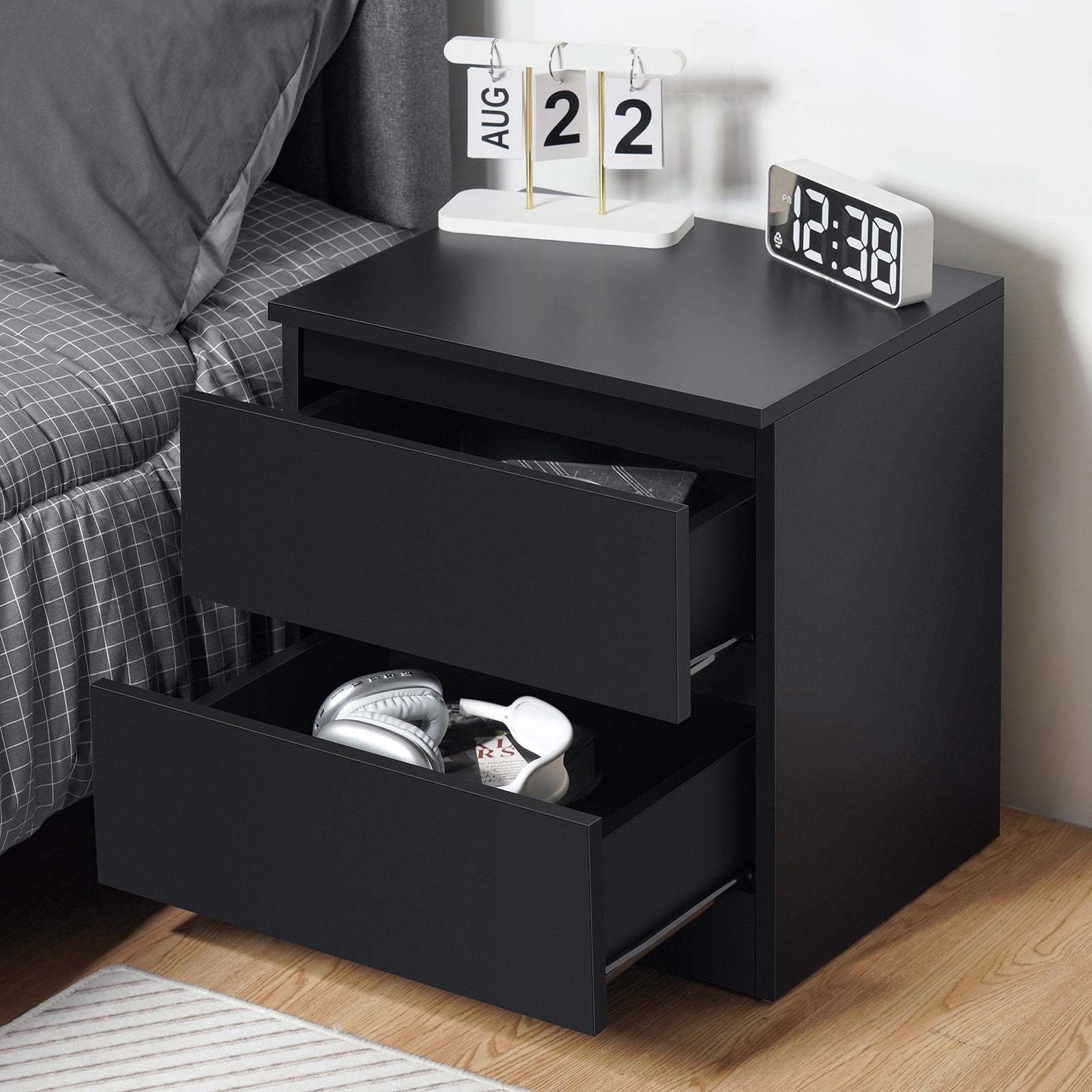 Hommpa 2 Drawers Nightstand for Bedroom, Bedside End Table Organizer, Wooden Black Finish 17.72" x 13.78" x 18.51"