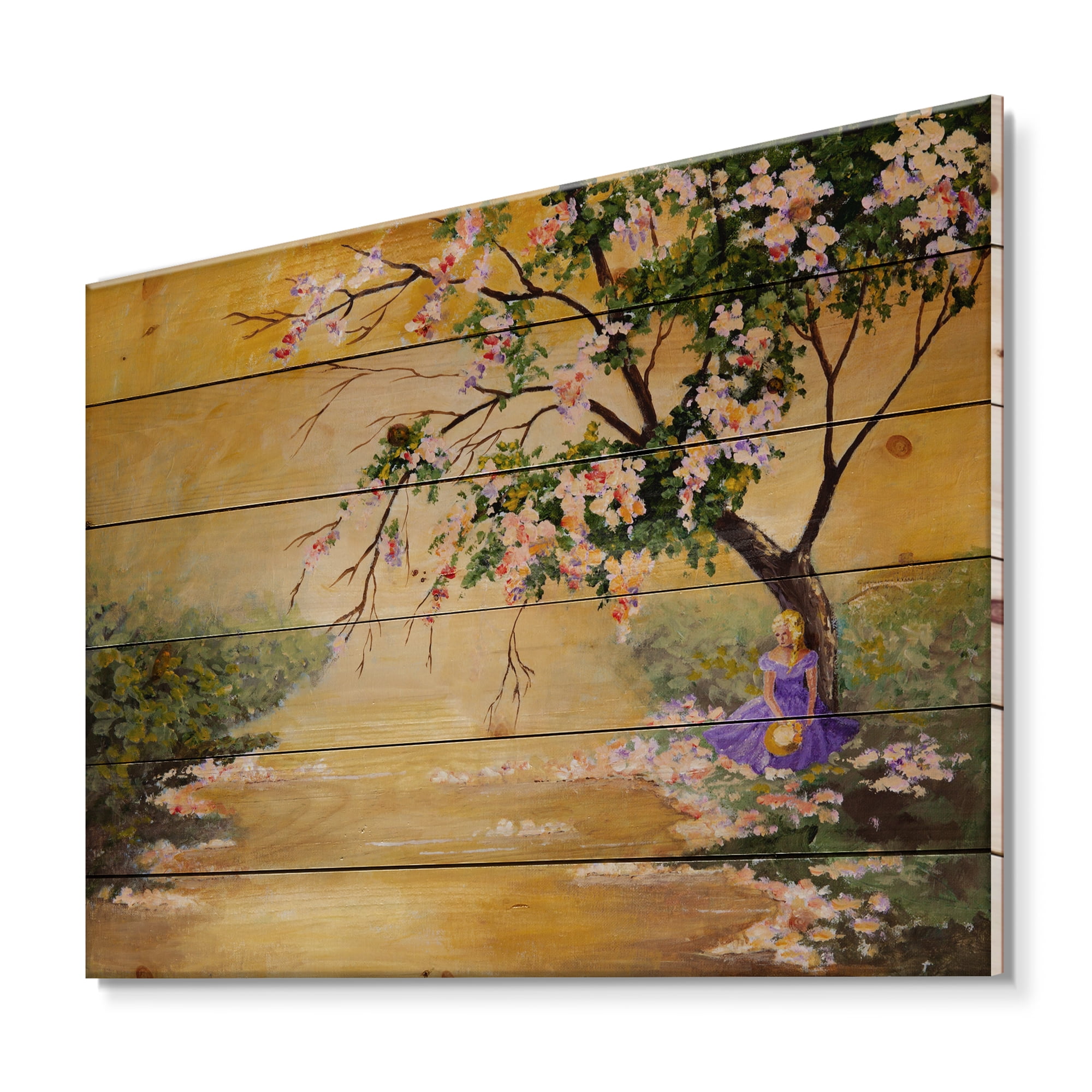 Designart 'Beautiful Girl Standing By The Flowering Tree' Traditional Print on Natural Pine Wood