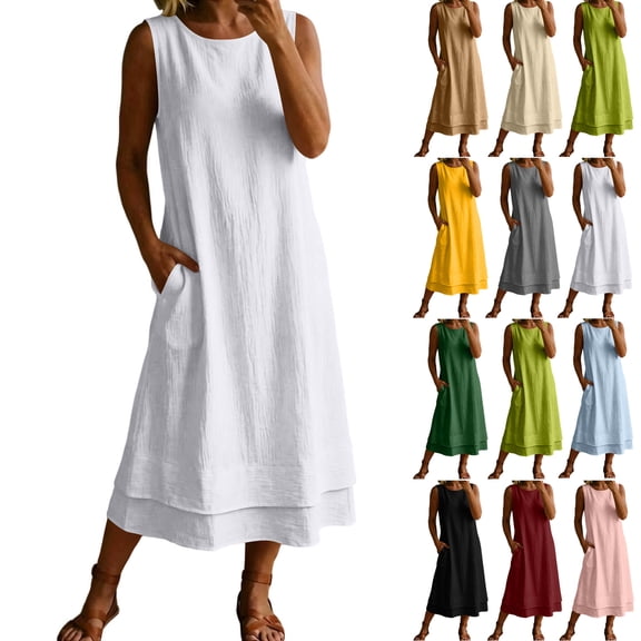 Women's Casual Dresses with Side Pockets Round Neck Sleeveless Loose Straight Double Layer Hem Casual Midi Dress for Loungewear Vacation Daily Wear and Beach