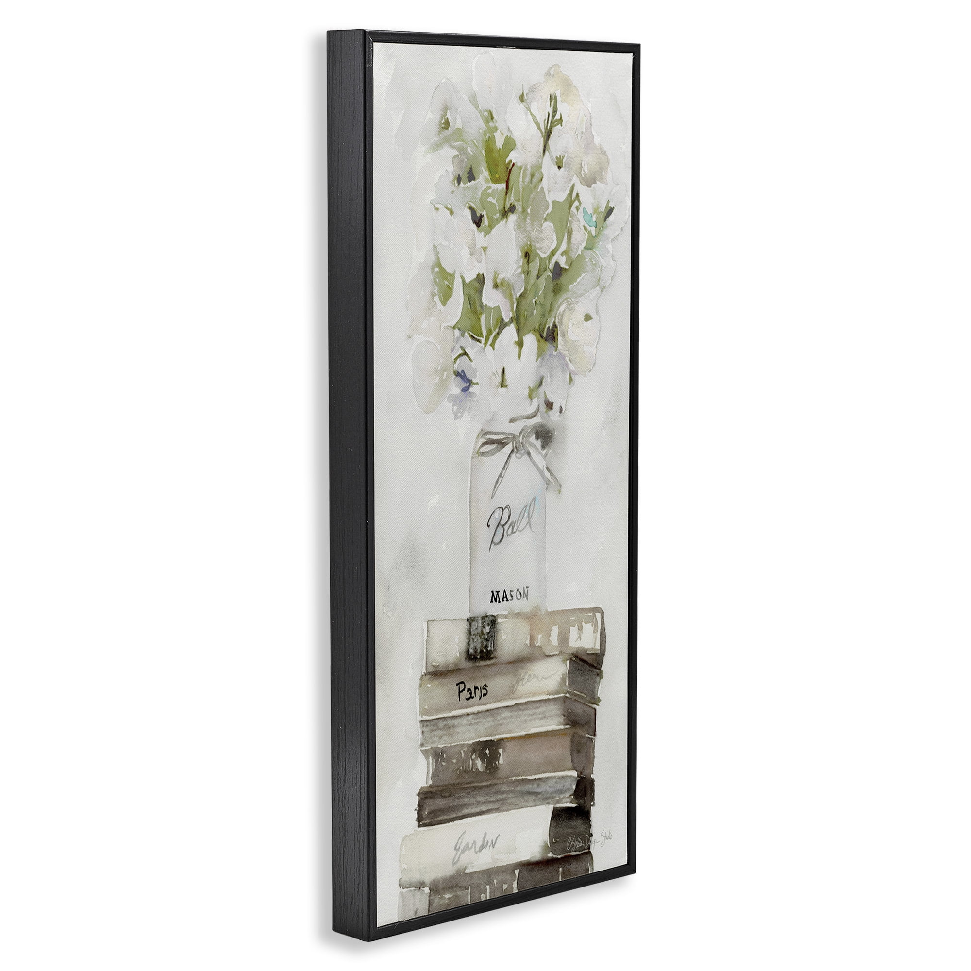 Stupell Industries White Florals on Distressed Books Botanical & Floral Painting Black Framed Art Print Wall Art, 10 x 24
