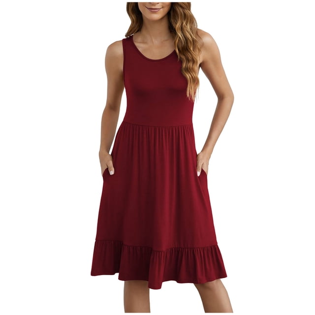 AherBiu Sundresses for Women Summer Casual Sleeveless Crewneck Ruched Flowy Basic Midi Dress with Pockets