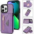 thumbnail image 3 of Zipper Wallet Purse Compatible with iPhone 15 Pro Crossbody Case with Strap Women Credit Card Holder Lanyard 6.1'' Kickstand Flip Leather (Purple, IP 15 Pro), 3 of 18