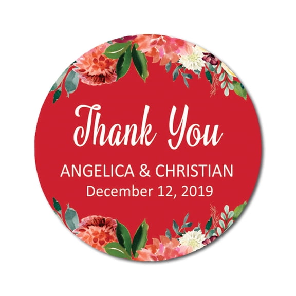 Darling Souvenir Round 45 Pcs Floral Border Thank You Stickers Personalized Bride Groom Names And Date Envelope Seals-Red