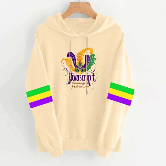 Uootdi Mardi Gras Womens Drawstring Hoodies for Women Carnival Crewneck Heart Print Hooded Long Sleeve Pullover Festive Color Block Loose Sweatshirts Gift
