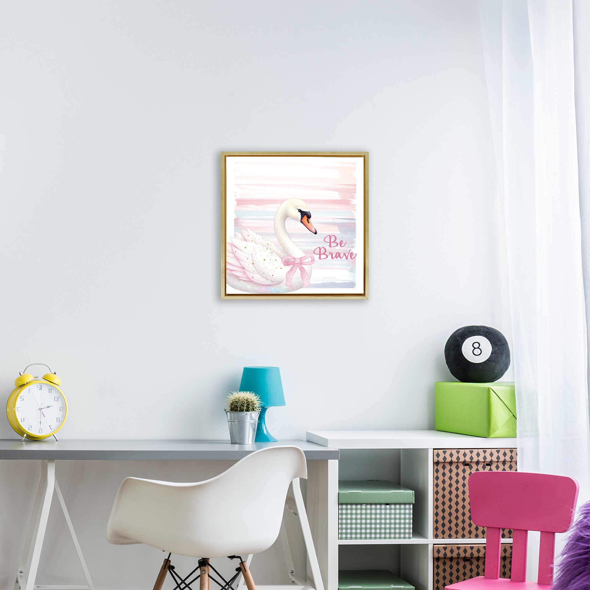 Be Brave Pastel Swan Gold Framed Floater Canvas Wall Art, design by Kim Allen