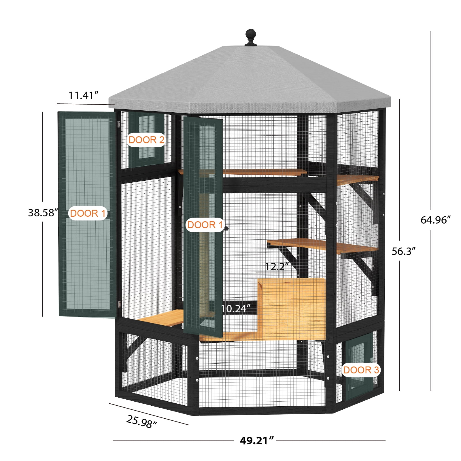 TIMHAKA 65" Catio Outdoor Cat Enclosure, Large Cat House w/ Waterproof Roof, Window Access, Multiple Platforms & Scratching Post for Multi-Cat Use, Black & Yellow