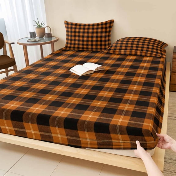 Full Size Fitted Sheet Set - Burnt Orange Buffalo Plaid 3 Piece Bedding Sets 16" Deep Pocket Fitted Sheet with 2 Pillowcases, Geometric Classic Checkered Brushed Microfiber Hotel Luxury Bed Sheets