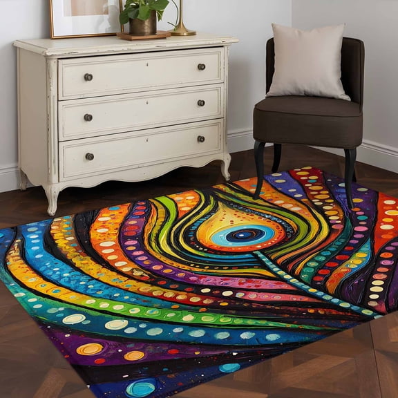 3'x5' Area Rugs, Peacock Feathers Eye Indoor Outdoor Area Rug for Living Room Bedroom, Abstract Colorful Oil Painting Washable Bathroom Rugs Kitchen Floor Carpet Mats Home Decor Aesthetic